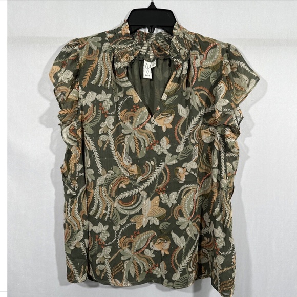 JOIE [ Large ]‎ Flutter Sleeve Floral Mock Neck Smocked Blouse Top Green - Picture 6 of 14